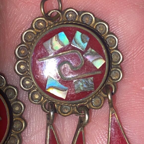 Vintage Signed ALPACA MEXICO Red Round w/Abalone Inlay Earrings Teardrop Dangles - Picture 4 of 10